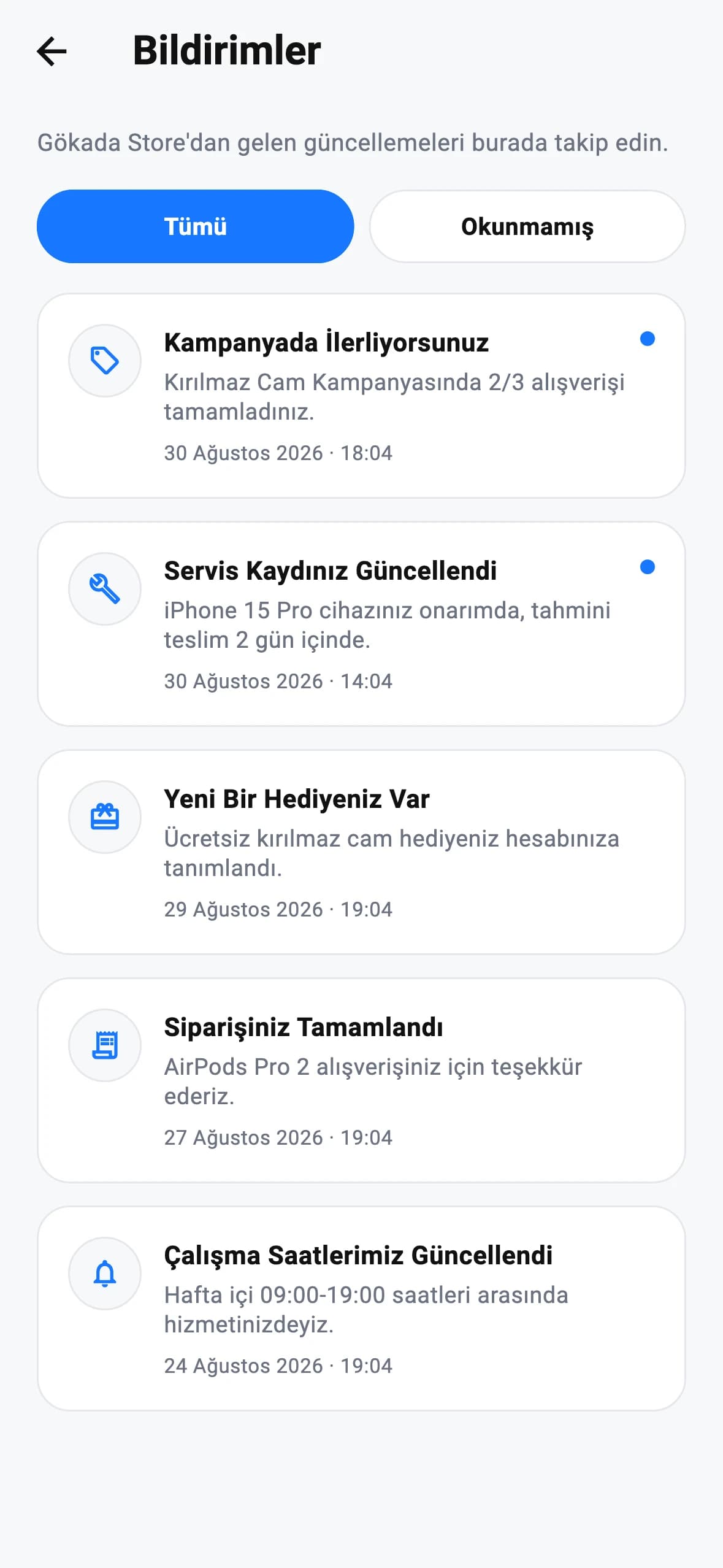 Gökada Store uygulaması Bildirimler ekranı