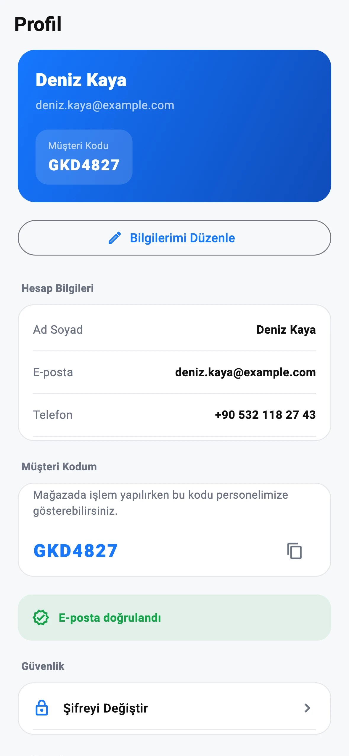 Gökada Store uygulaması Profil / Hesabım ekranı