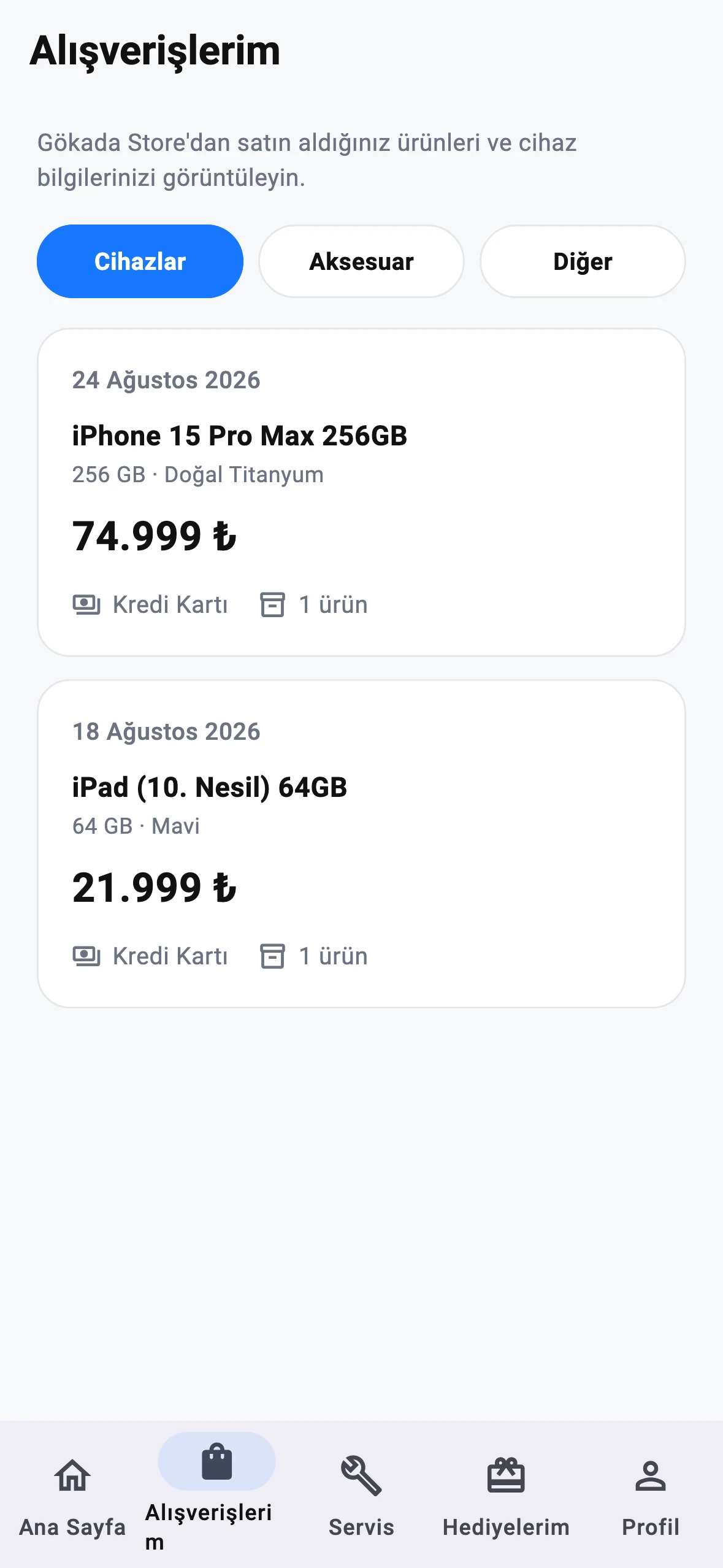 Gökada Store uygulaması Alışverişlerim ekranı