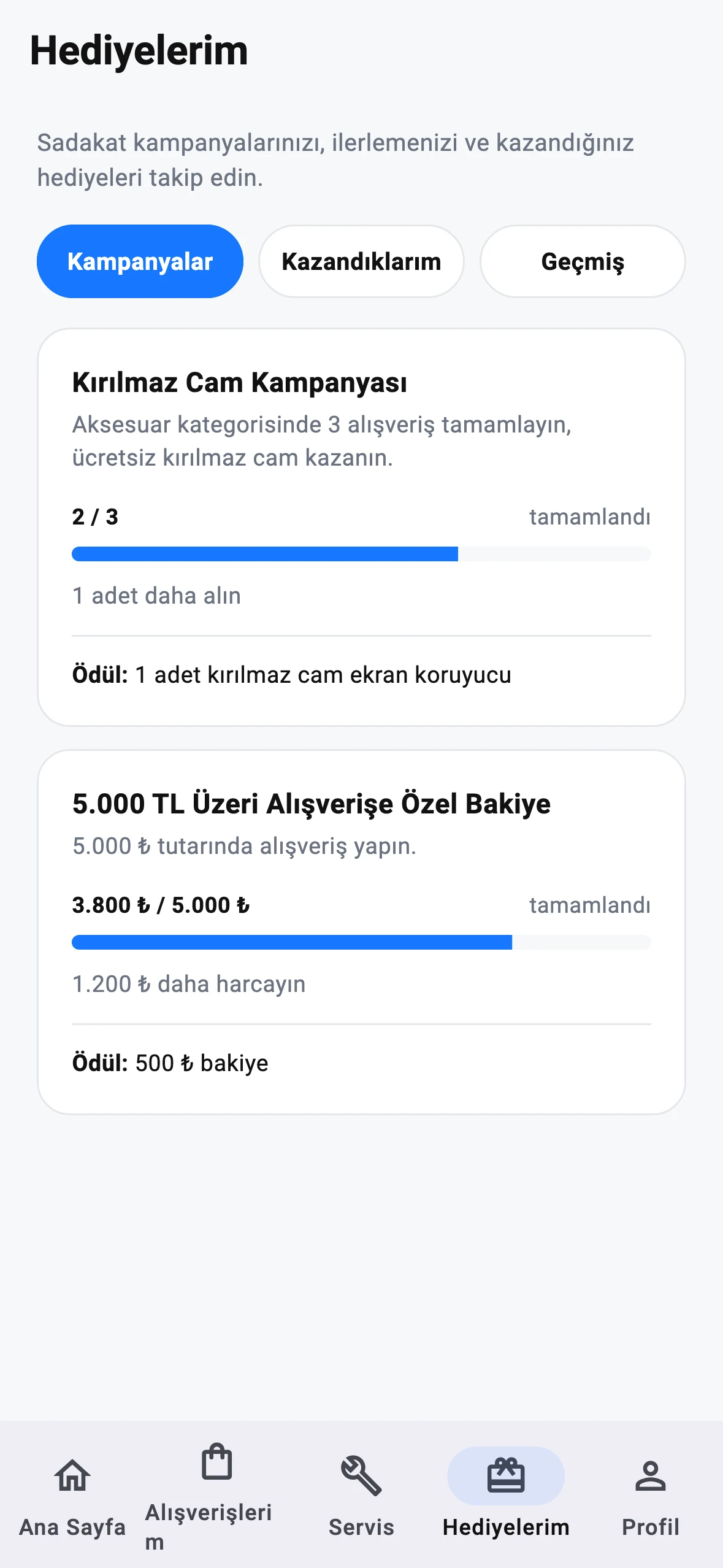 Gökada Store uygulaması Sadakat ve Hediyelerim ekranı