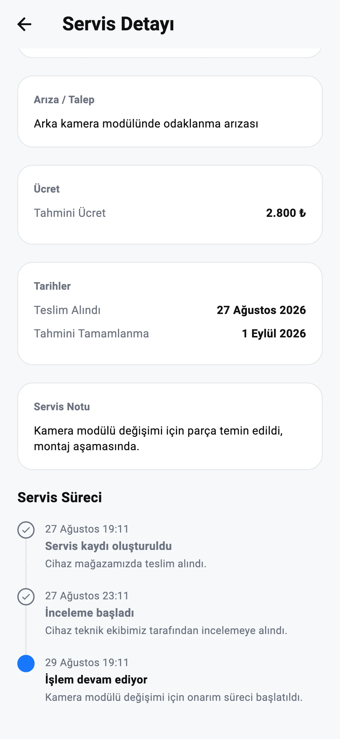 Gökada Store uygulaması Servis Detayı ekranı