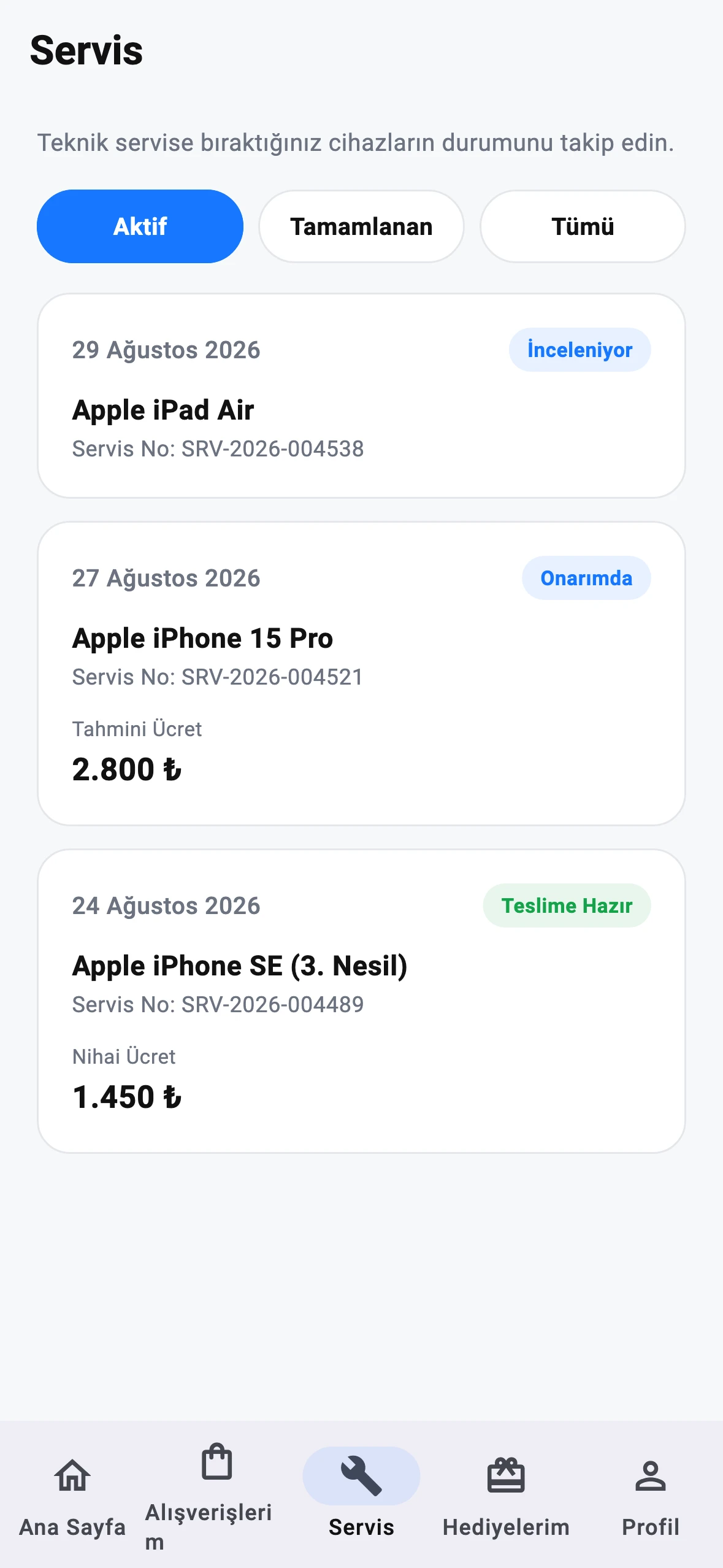 Gökada Store uygulaması Teknik Servis ekranı